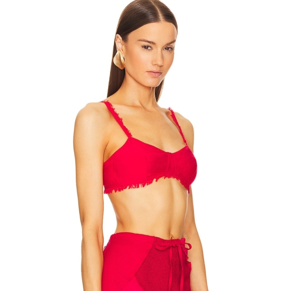 Cult Gaia Crop Top 12 Scarlet Red Eza Bra Frayed Trim Luxury Designer New $300